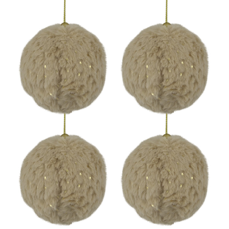 Faux Fur And Sequin Christmas Ball Ornaments - 2.75" - Beige - Set Of 4