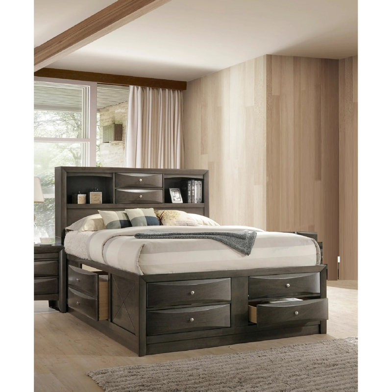 Lit plateforme moderne avec grand lit et bibliothèque, tête de lit et rangement, tablette de rangement de style contemporain en bois au fini gris, bois