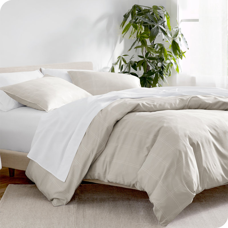 Premium Microfiber Duvet Cover and Sham Set, Oversized Queen Duvet Cover + 2 Standard Shams, Plaid - Stone/White
