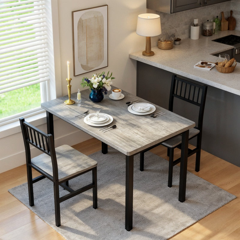 3 Piece Dining Table Set For 2, Small Industrial Kitchen Table With 2 Chairs, Wood Breakfast Nook Table And Chairs Set Of 2, Dinner Table Set For Small Spaces, Dining Room, Apartment