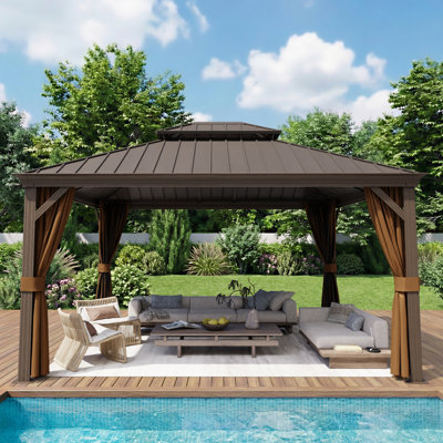 Pavillon de jardin d'extérieur en aluminium à toit rigide muni d'un toit à double couche, de rideaux et d'une moustiquaire