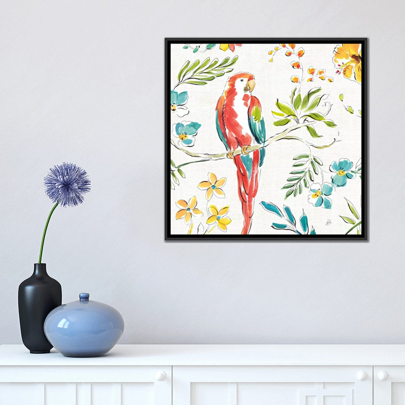 « tropical oasis, white iii », reproduction sur toile, H 18 po x l 18 po x P 1,5 po, Toile avec cadre noir, Pas de tapis
