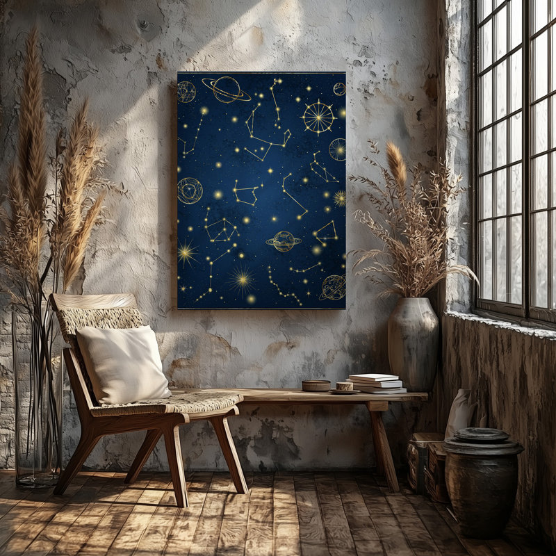 "Toile", créant une illustration à thème céleste avec un fond d'art bleu marine foncé parsemé de constellations complexes