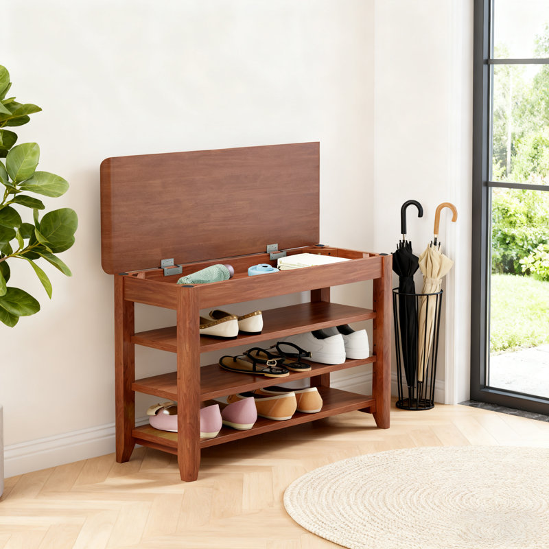 Banc à chaussures en bois massif 31,7 po avec rangement relevable, rangement pour hall d'entrée à 3 niveaux d'une capacité de 550 lb
