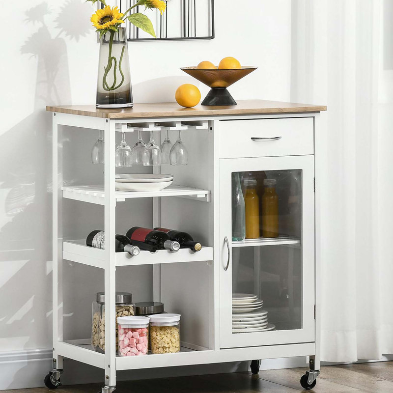 Rolling Kitchen Cart with 4-bottle Wine Rack, White/Brown