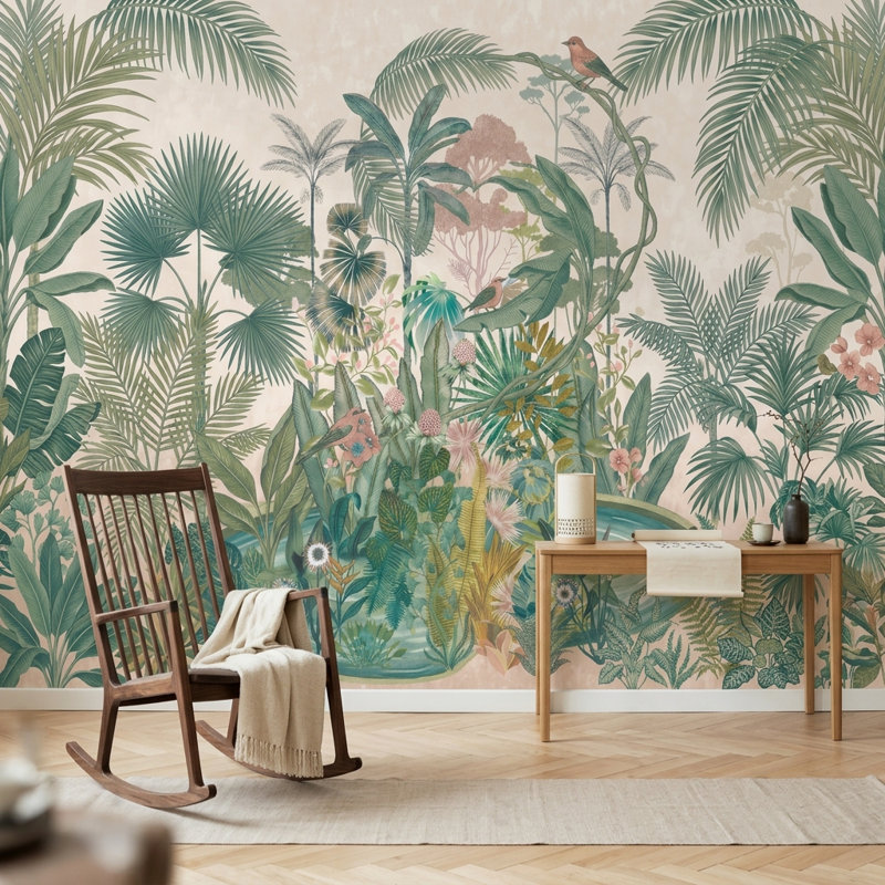 Papier peint tropical amovible Jungle botanique, 100 po x 96 po, Non tissé