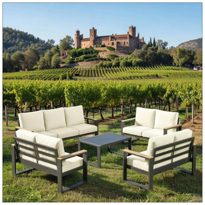 All-Weather 5-Piece Ultra Aluminum Patio Furniture Set, 7-Seat Conversation Sofa With 10 Inches Extra Thick Beige Back Cushions And   Glass Table