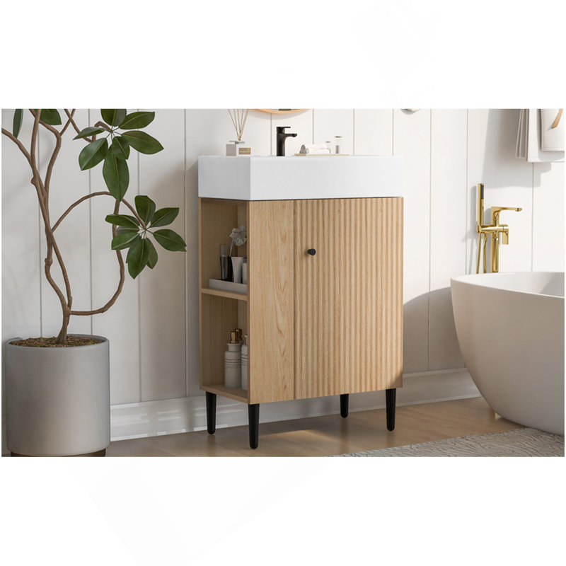 Meuble-lavabo en bois 21,6 po, armoire combinée, meuble de rangement pour salle de bain, lavabo simple en céramique, rangement à gauche