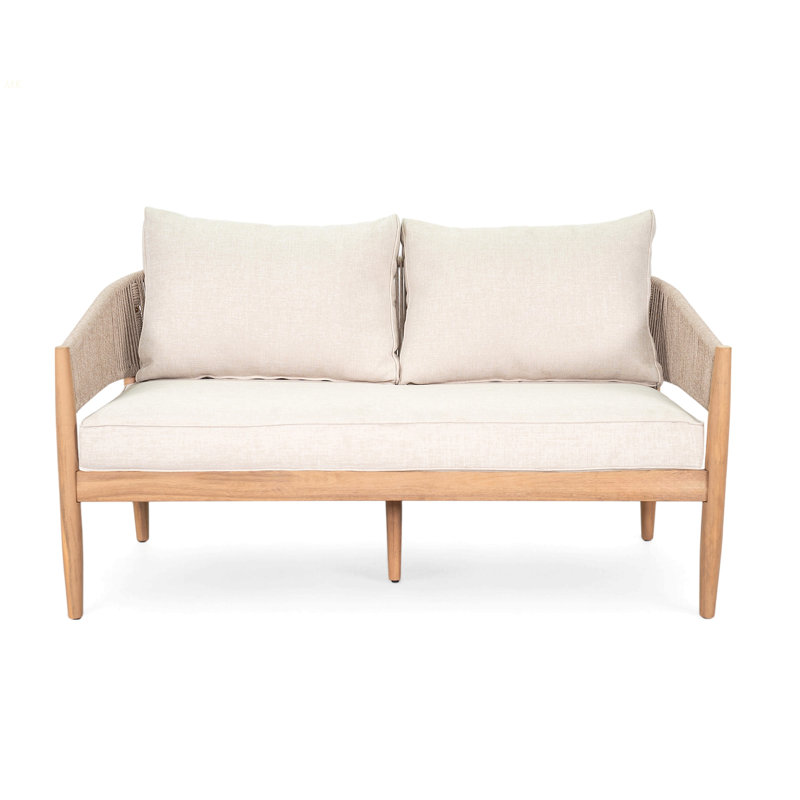 Verona Outdoor Patio Acacia Wood Loveseat, Natural Finish Wood, Beige Cushion, Light Brown Rope, Light Brown/Natural