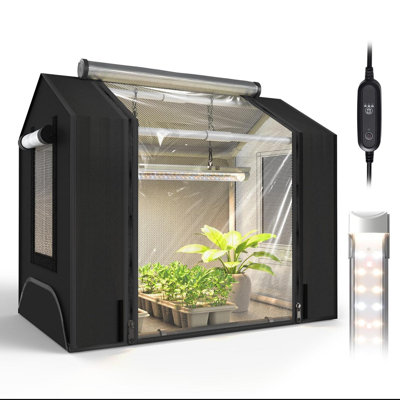 Indoor Greenhouse With Grow Light, Small Grow Tent With Oxford Fabric, Waterproof Base Mat & Ventilation Windows For Seed Starting & Plant Growth, Grow Light With Timer, (Black)