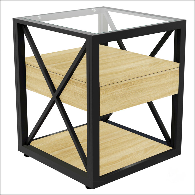 Table de bout moderne avec tiroir - Table de chevet de style industriel pour chambre à coucher et salon, panneau de fibres à densité moyenne en bois naturel et plateau en verre trempé