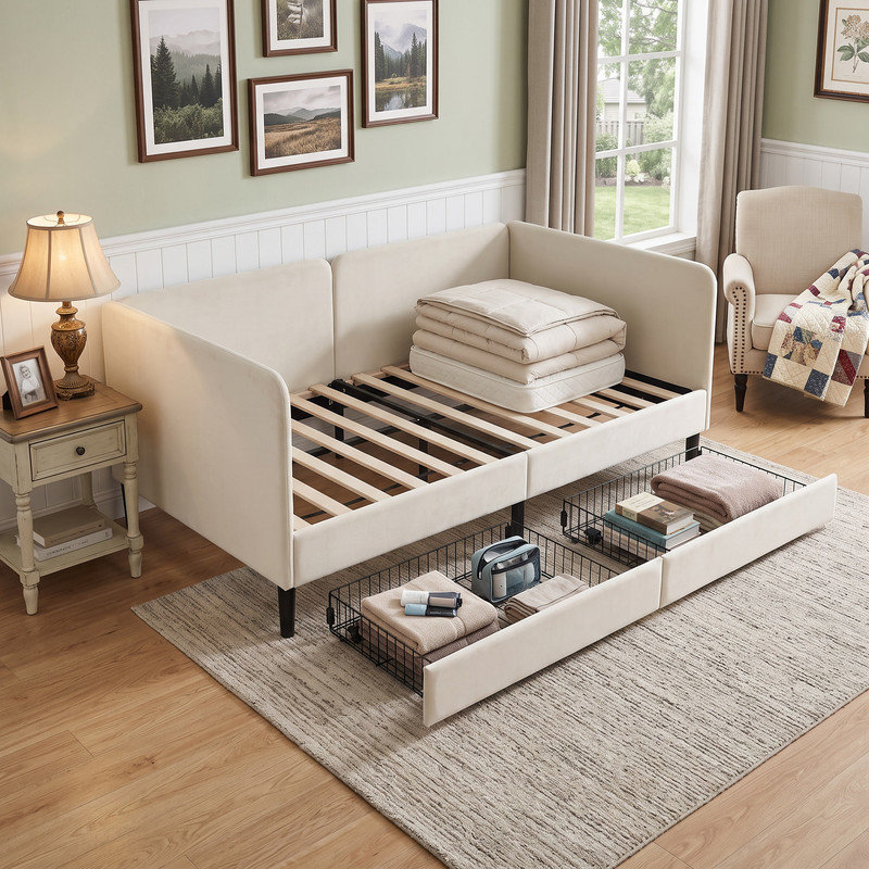 Lit plateforme rembourré pour lit simple avec deux tiroirs de rangement, canapé-lit réglable en velours, beige