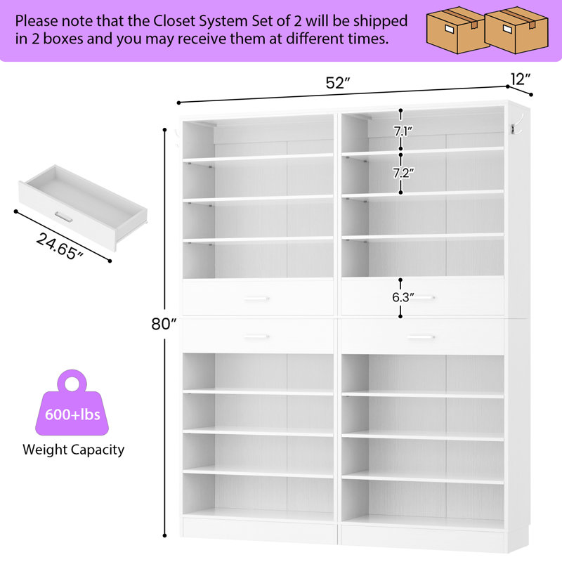 52" W Closet System With Drawers, White