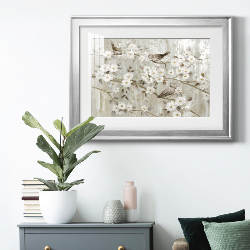 Neutre oiseaux printaniers - peinture encadrée, H 18,5 po x l 24,5 po x P 1,5 po, Cadre argenté