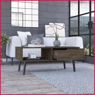 Oslo Dark Walnut Coffee Table with Drawer &amp; Open Shelf - 46.11” Wide Top, Sturdy 4-Leg Design for Living Room