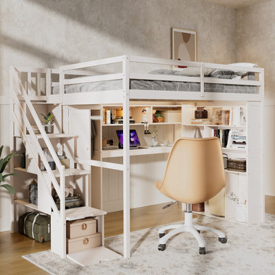 Full Loft Bed Frame With Built-In Wardrobe, Study Desk, Storage Shelves &  Lights, Space-Saving Design For Bedroom-BEIGE