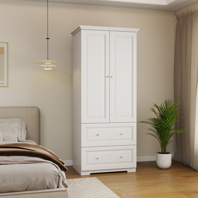 Freestanding Wooden Wardrobe Armoire with 2 Drawers