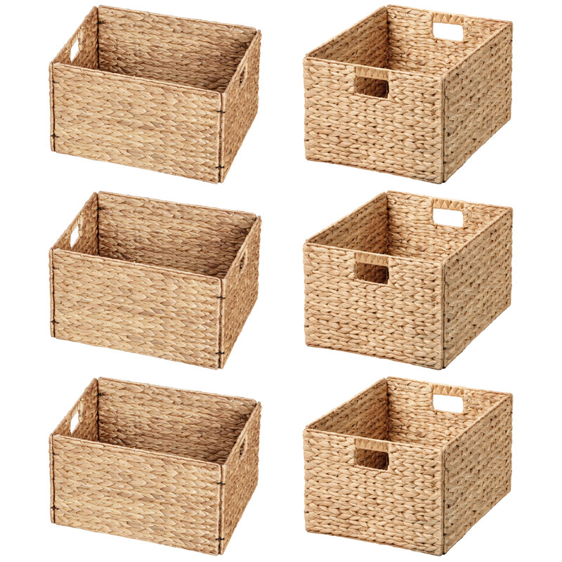 Rectangular Natural Water Hyacinth Hand Woven Rattan Wicker Storage Basket Set with Iron Wire Frame, 6