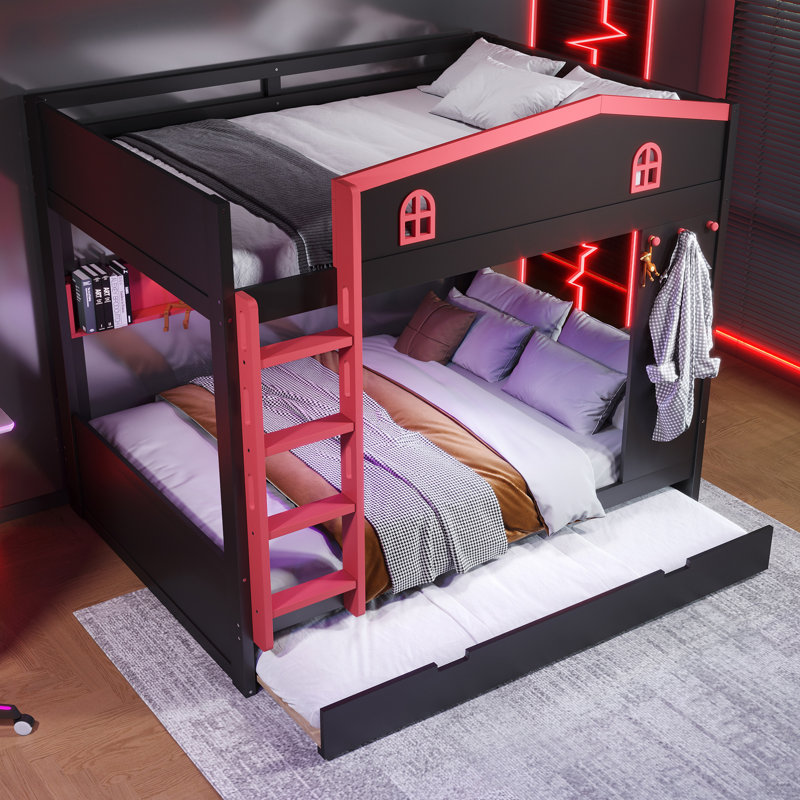 Queen Over Queen Solid Wood Bunk Bed with Trundle, Storage Shelves and Hooks, Queen Over Queen, Black