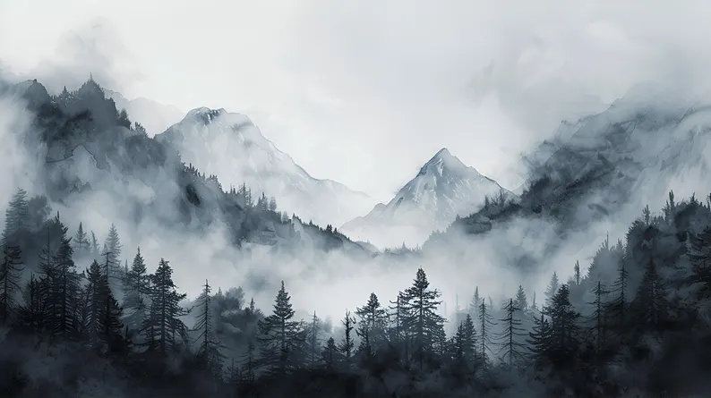 Forêt, paysage de montagne, L 117,96 po x l 236 po