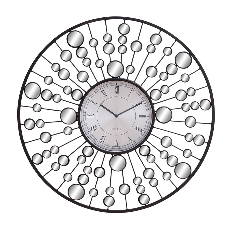 Black Metal Starburst Wall Clock with Mirrored Accents, 26"