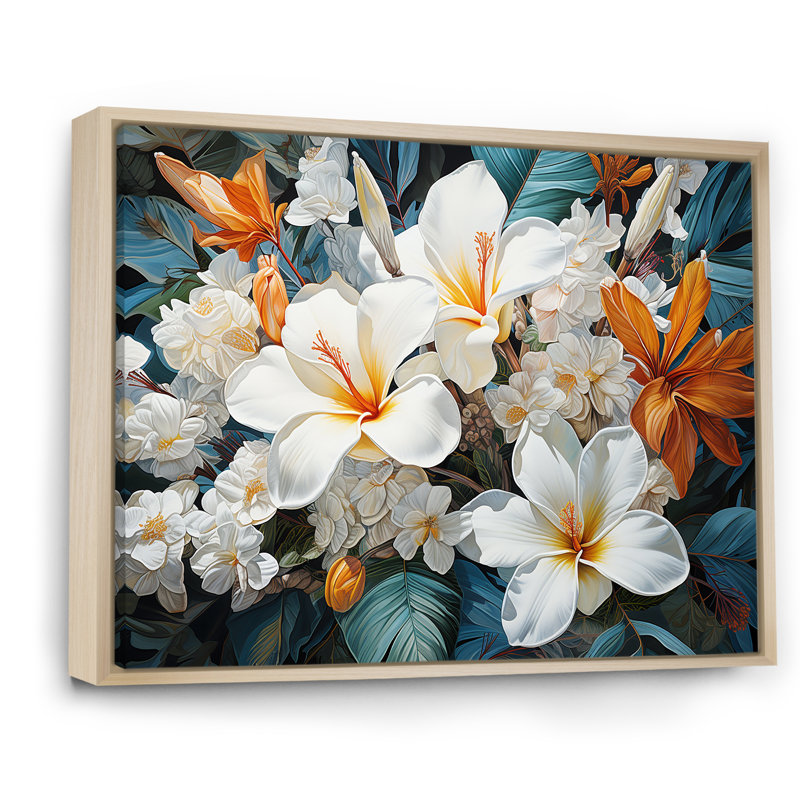 Fleur de plumeria beige et blanche, H 16 po x l 32 po x P 1 po, Cadre naturel flottant