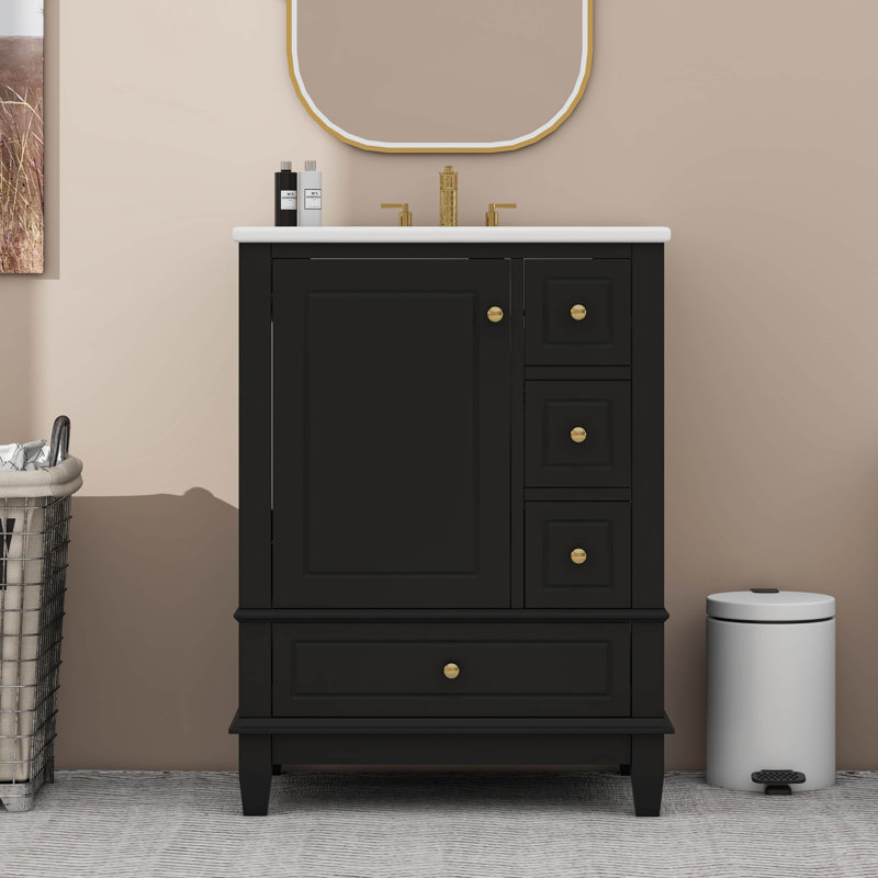24" Bathroom Vanity With Sink And Drawers, Ceramic Top And Storage Shelves, Black