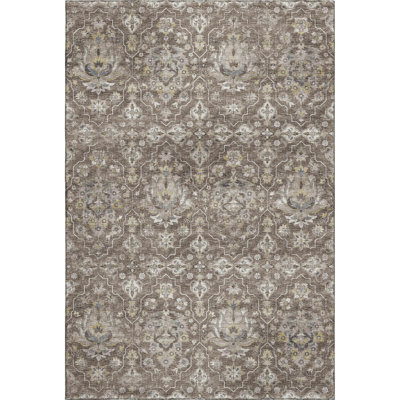 10' X 14' Taupe Ivory And Gold Floral Medallion Distressed Washable Area Rug With UV Protection