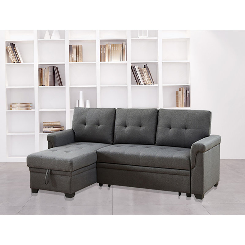 84" Dark Gray Linen Reversible Sleeper Sectional Sofa With Storage Chaise