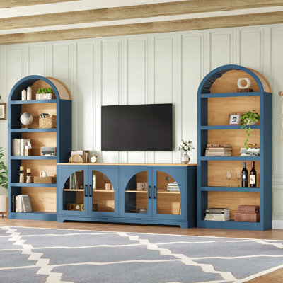 3-Piece Retro TV Stand Set With Bookshelf For Tvs Up To 70", Two-Tone Wood Grain Entertainment Center