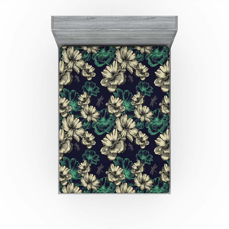 Drap-housse Ambesonne, paquet de 2, Drap-housse très grand californien, Vert menthe / floral bleu foncé