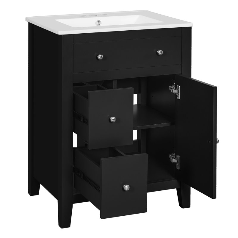 Meuble-lavabo moderne de 24 pouces, lavabo en céramique, métal rustique, charnières silencieuses, rangement pour pinceaux de maquillage, style campagne française, tiroirs, tablette réglable pour flacons de bain de bouche