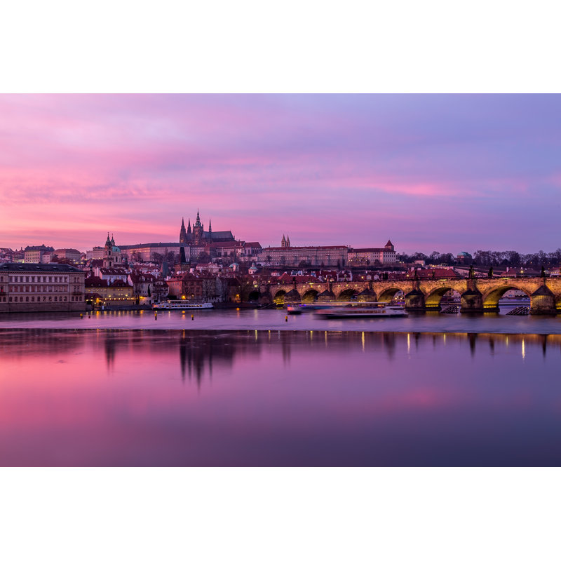 Charles Bridge And Prague Castle At Sunset - Wrapped Canvas Print, 20cm H x 30cm W