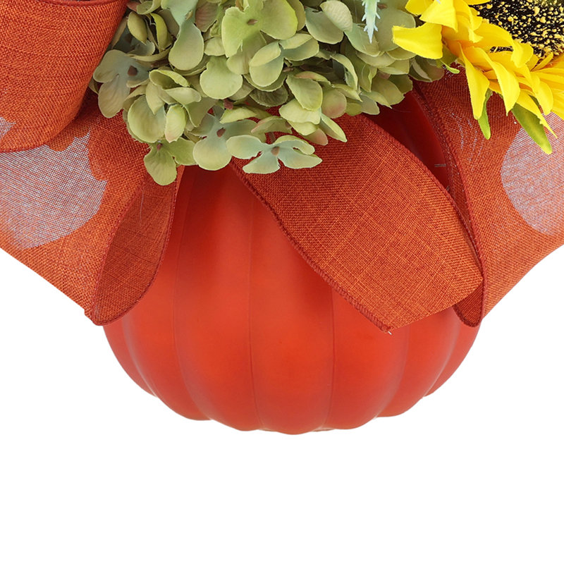 Fall Sunflower and Hydrangeas Arranged in Pumpkin Glass