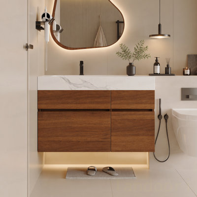 Meuble-lavabo flottant moderne avec plateau en pierre frittée sans soudure et lavabo en céramique