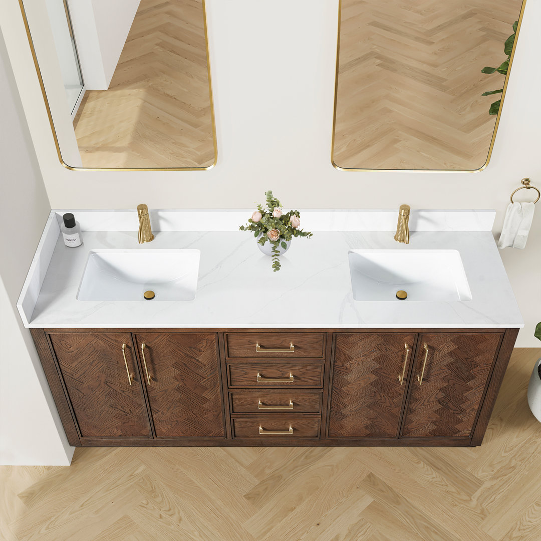 Jakarta 72" Double Bath Vanity with Silk White Quartz Stone Top Loon Peak® Base