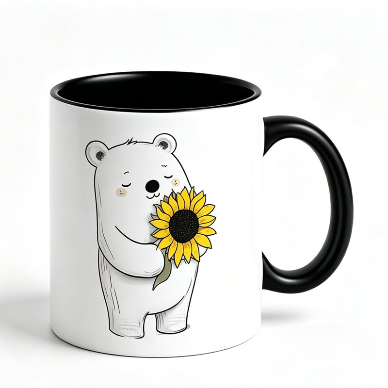 Cute Hand-Drawn Polar Bear & Sunflower Ceramic Mug Coffee Tea Cup Suitable for Mother's Day Gifts.