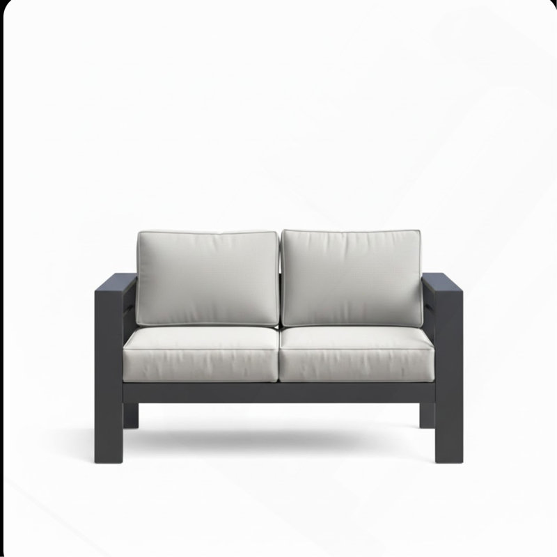 52" All-Weather Metal Loveseat Patio Sofa With Thick Light Gray Cushions & Black Frame, Black