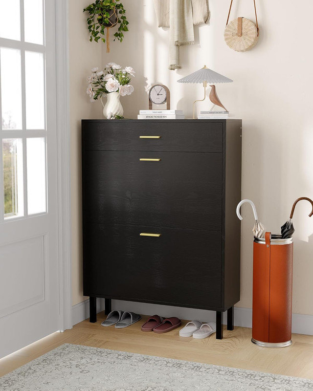 Shoe Storage Cabinet with Dual Flip Drawers, Space-Saving Hidden Shoe Organizer for Entryway, Black