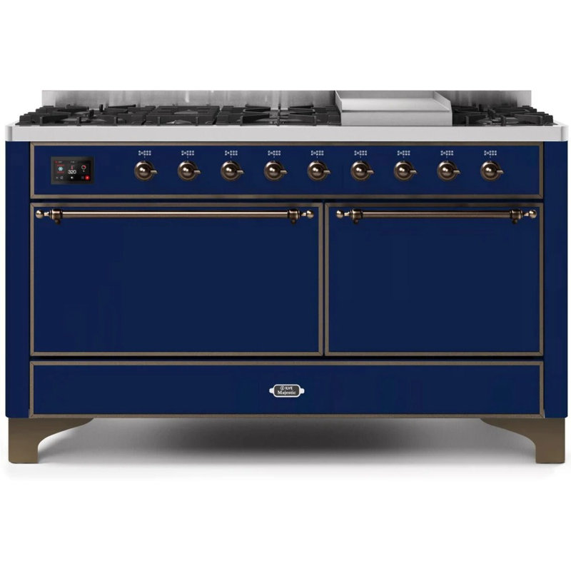 ILVE UM15FDQNS3BKCLP Majestic II 60 inch Dual Fuel Range with 9 Burners, Griddle (Liquid Propane, Solid Door, Glossy Black, Chrome)