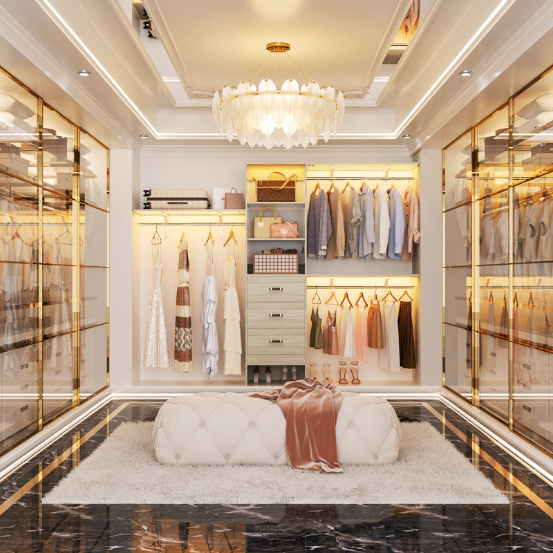 Abbigael 20.2''-  96‘’ W Closet System with 3 Wooden Drawers and 3 Shelving Towers, White/Oak