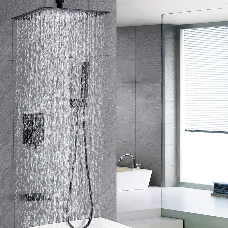 Ensemble de construction de douche en acier inoxydable de 12 po, noir mat, fixé au mur avec ensemble de douchette de baignoire portative et cascade 12 pouces,