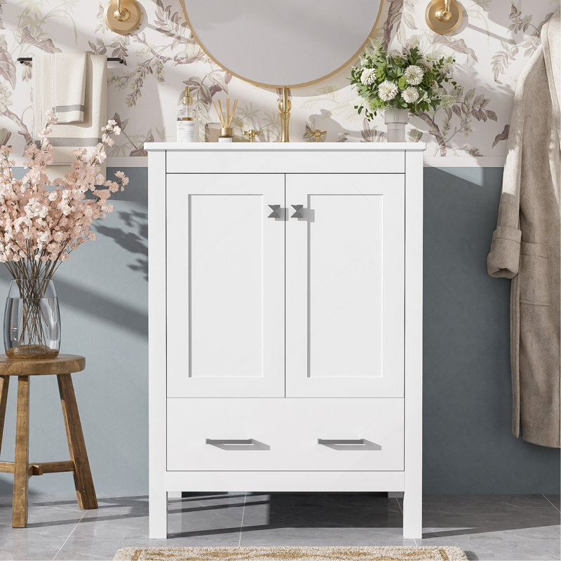 Meuble-lavabo de 24 pouces avec lavabo encastré intégré et armoire de rangement avec 2 portes et 1 tiroir. Comprend une tablette de porte à double couche, conception à fermeture en douceur