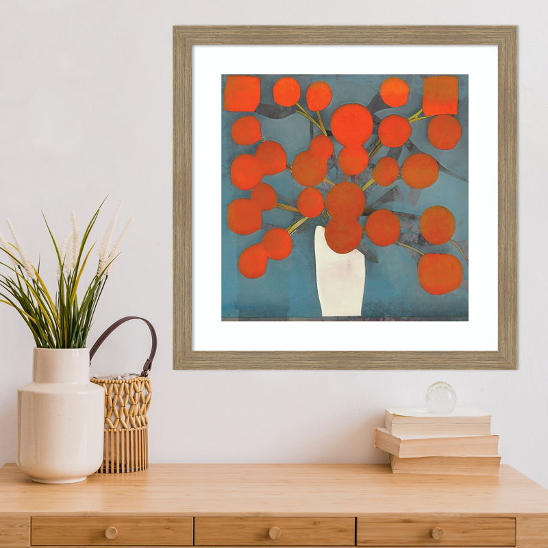 «Abstract Orange Flowers» par Elena Ray, impression sur bois encadrée, H 22 po x l 22 po, Brun