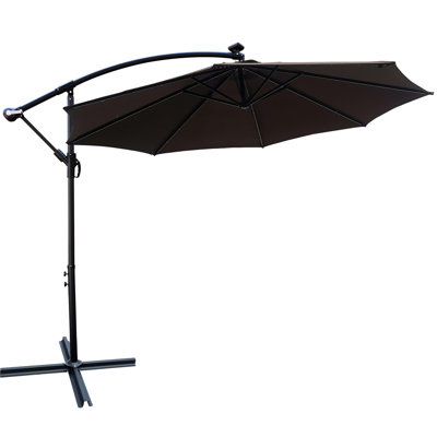 Parasol de terrasse de 10 pieds à énergie solaire avec éclairage à DEL et parasol imperméable à 8 baleines avec manivelle et base transversale pour terrasse de jardin Abri de piscine extérieur