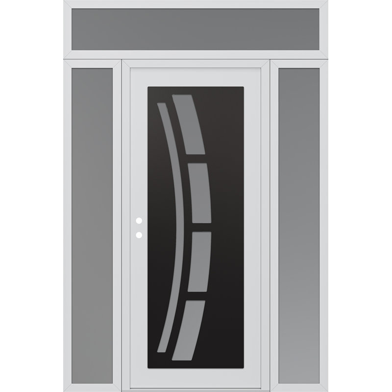 C12 C12 X 96 po Panneau en acier noir et blanc et verre givré blanc avec 2 panneaux latéraux et porte d'entrée avant en verre givré avec traverse