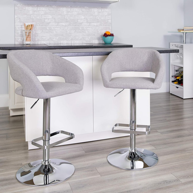 Amberlie Modern Upholstered Adjustable-Height Barstool with Footrest, Chrome, Gray