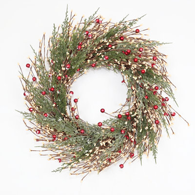 Couronne de Noël artificielle 24 po avec feuilles de cyprès congelées, baies rouges, Noël, porte d'entrée, couronne, Noël, vacances d'hiver, décor