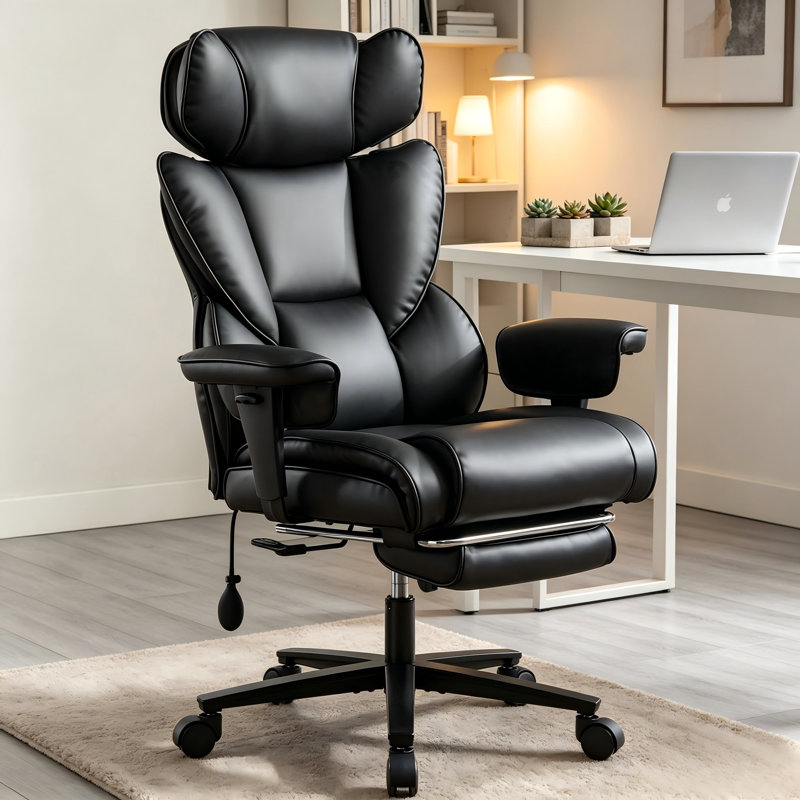 This black high-back leather ergonomic chair features an adjustable headrest, lumbar support, and extendable footrest, allowing for reclining and making it suitable for home, office, and gaming use.