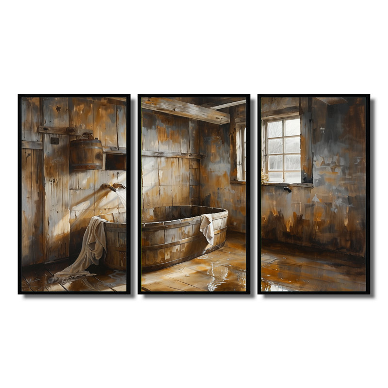Brown Rustic Bathroom Charm III - Rustic Wall Art Set, 28" H x 36" W x 1" D, Black Floater Framed Canvas